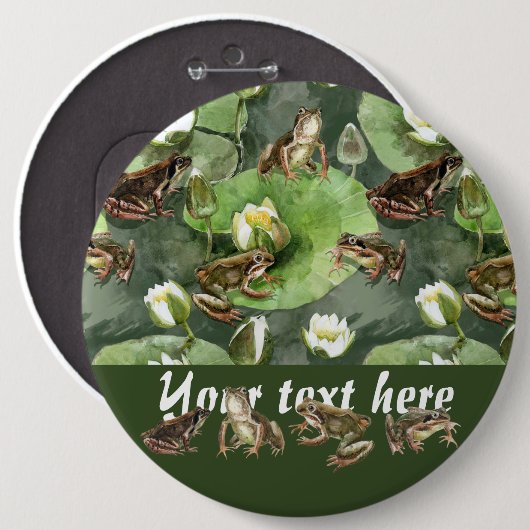 カエルの緑と白の睡蓮のパターン 缶バッジ (正面&裏面)