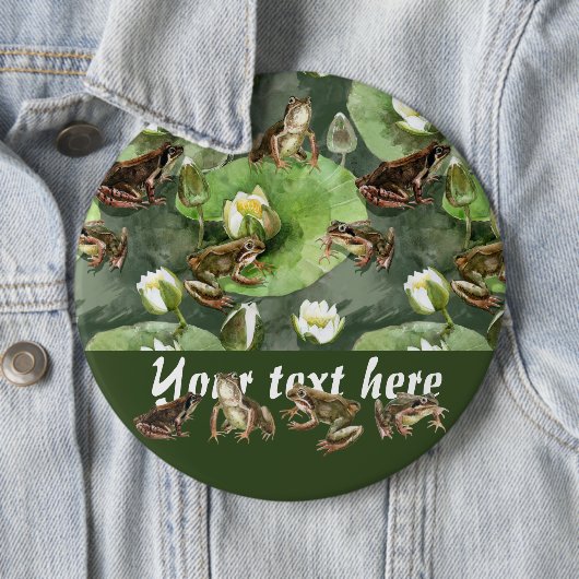 カエルの緑と白の睡蓮のパターン 缶バッジ (インサイチュ)