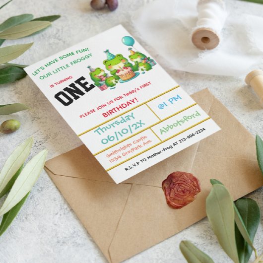 カエルの誕生日お祝い - 1歳！ 招待状