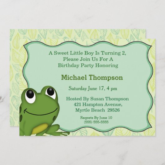 カエルの誕生日パーティーの招待状 招待状 (正面/裏面)