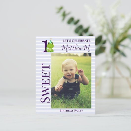 カエルの1歳誕生日パーティー招待状 ポストカード (スタンド正面)