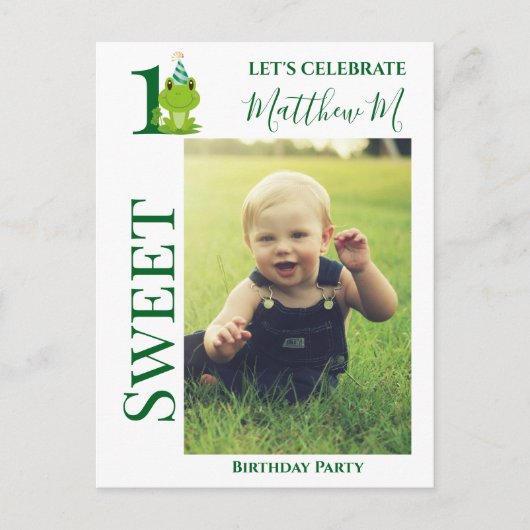 カエルの1歳誕生日パーティー招待状 ポストカード (正面)