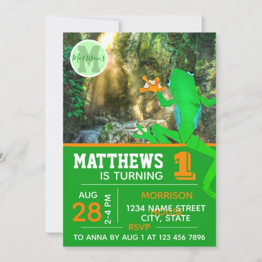 カエルの1歳誕生日パーティー カエル 熱帯の野生生物 招待状 (正面)