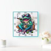 カエルはスケートボードでドリンクでパーティー! スクエア壁時計 (ホーム)