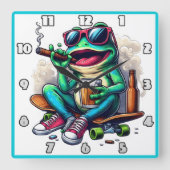 カエルはスケートボードでドリンクでパーティー! スクエア壁時計 (正面)