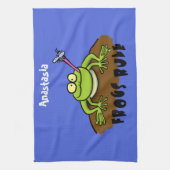 カエルは緑のおもしろいカエルの漫画を支配 キッチンタオル (縦)