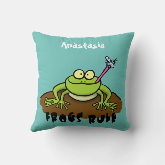 カエルは緑のおもしろいカエルの漫画を支配 クッション (裏面)
