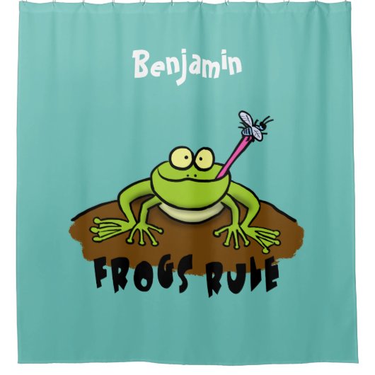カエルは緑のおもしろいカエルの漫画を支配 シャワーカーテン (正面)