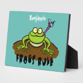 カエルは緑のおもしろいカエルの漫画を支配 フォトプラーク (側面)