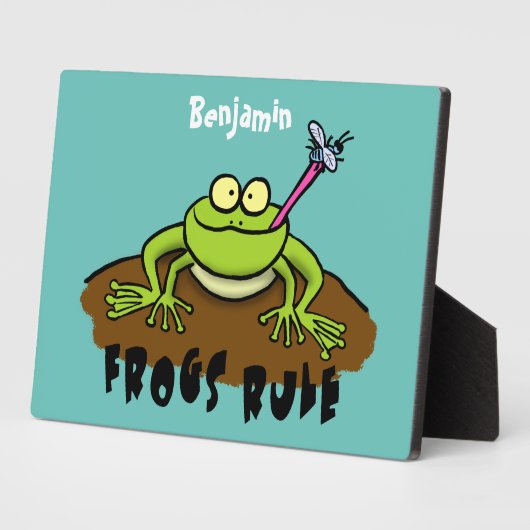 カエルは緑のおもしろいカエルの漫画を支配 フォトプラーク (側面)