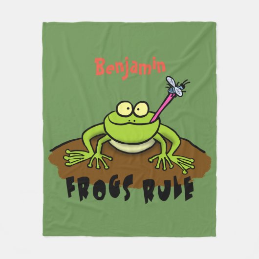 カエルは緑のおもしろいカエルの漫画を支配 フリースブランケット (正面)