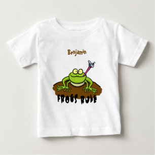 カエルは緑のおもしろいカエルの漫画を支配 ベビーTシャツ
