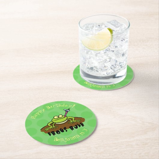 カエルは緑のおもしろいカエルの漫画を支配 ラウンドペーパーコースター (インサイチュ)