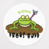 カエルは緑のおもしろいカエルの漫画を支配 ラベル (デザイン2)