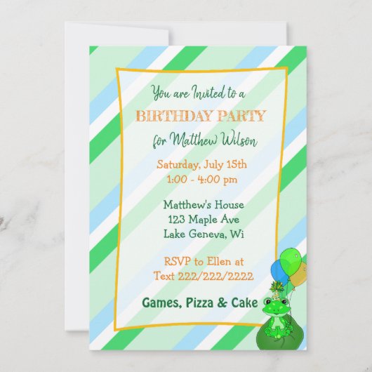 カエルをテーマにした男の子の誕生日パーティー 招待状 (裏面)