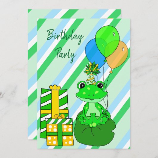 カエルをテーマにした男の子の誕生日パーティー 招待状 (正面/裏面)