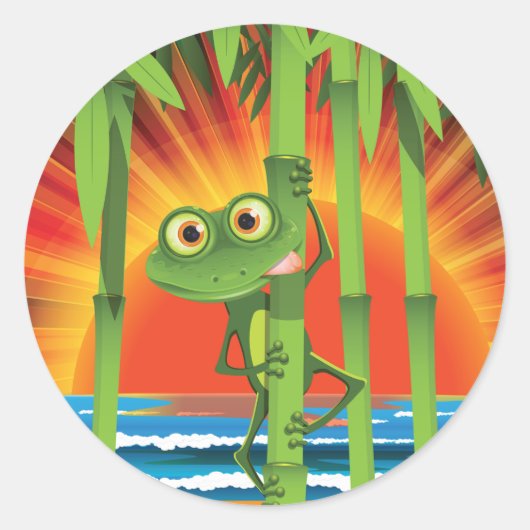 カエルを竹のシールに ラウンドシール (正面)