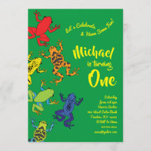 カエルカラフルの1歳の誕生日かわいい招待状