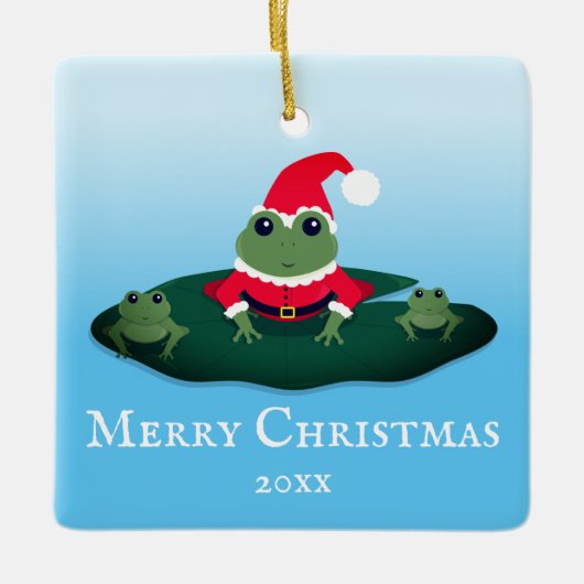 カエルサンタアニマルノベルティの年の漫画のクリスマス セラミックオーナメント (正面)