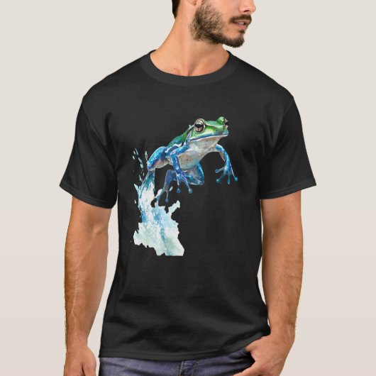 カエルジャンプ、水飛沫 - 両生類 - 楽しい Tシャツ (正面)