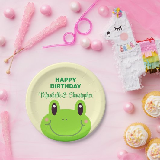 カエルハッピーバースデーツインズクリームイエロー ペーパープレート (パーティー)
