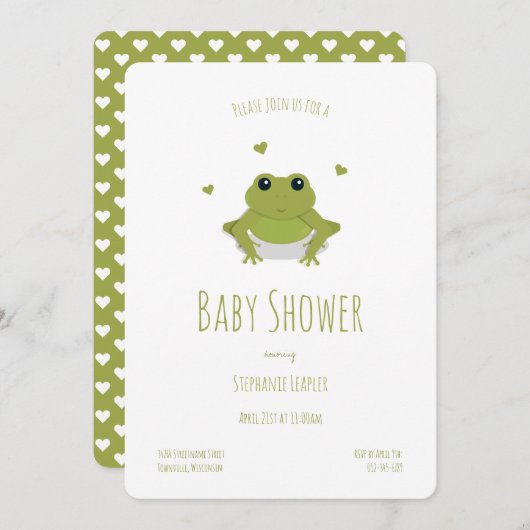 カエルハートグリーンかわいい動物の赤ちゃんシャワー 招待状 (正面/裏面)