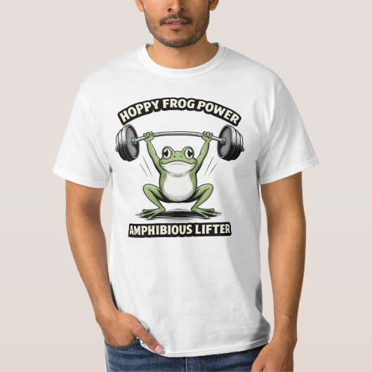 カエルパワーで重量挙げ 面白いジムカエルのデザイン Tシャツ (正面)