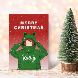 カエルパーカーの可愛い女の子 クリスマス カード