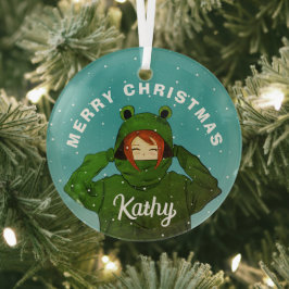 カエルパーカーの女の子 クリスマスイラスト ガラスオーナメント