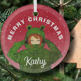 カエルパーカーの女の子 クリスマスイラスト ガラスオーナメント