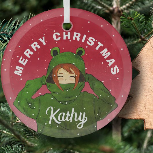 カエルパーカーの女の子 クリスマスイラスト ガラスオーナメント