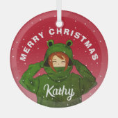 カエルパーカーの女の子 クリスマスイラスト ガラスオーナメント (正面)