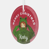 カエルパーカーの女の子 クリスマスイラスト ガラスオーナメント (正面左)