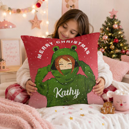 カエルパーカーの女の子 クリスマスイラスト クッション