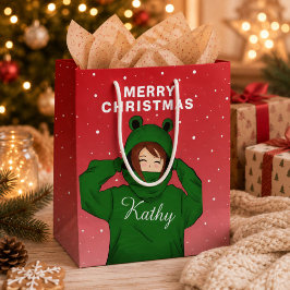 カエルパーカーの女の子 クリスマスイラスト ミディアムペーパーバッグ