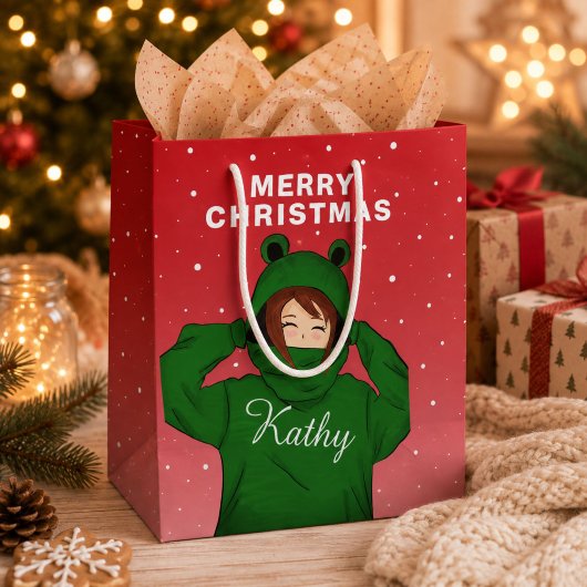 カエルパーカーの女の子 クリスマスイラスト ミディアムペーパーバッグ