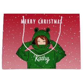 カエルパーカーの女の子 クリスマスイラスト ラージペーパーバッグ