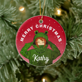 カエルパーカーの女の子 クリスマスデザイン セラミックオーナメント