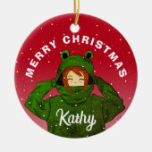 カエルパーカーの女の子 クリスマスデザイン セラミックオーナメント (正面)