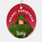 カエルパーカーの女の子 クリスマスデザイン セラミックオーナメント (左)