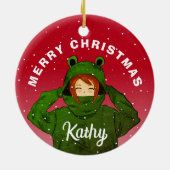 カエルパーカーの女の子 クリスマスデザイン セラミックオーナメント (裏面)