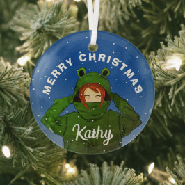 カエルパーカーを着た女の子のクリスマスイラスト ガラスオーナメント