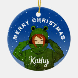 カエルパーカーを着た女の子のクリスマスイラスト セラミックオーナメント