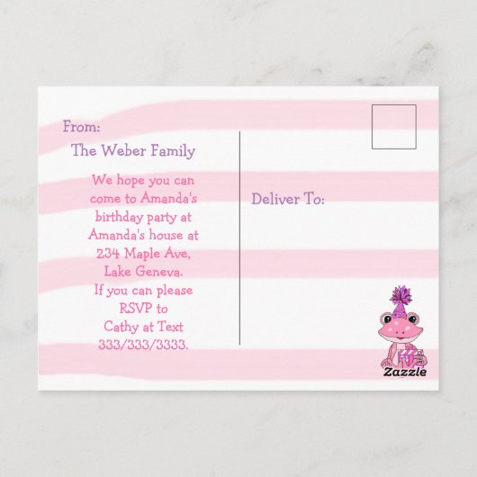 カエルパーソナライズされたをテーマにした女の子の誕生日パーティー ポストカード (裏面)