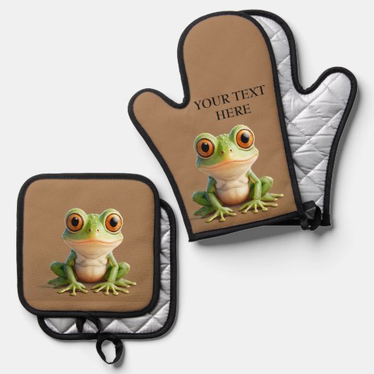 カエルパーソナライズされたキッチンギフト編集文字 鍋つかみ&鍋敷きセット (正面/裏面)