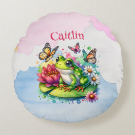 カエルパーソナライズされた、花と蝶ベビー ラウンドクッション