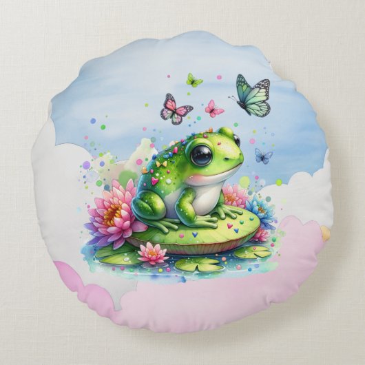カエルパーソナライズされた、花と蝶ベビー ラウンドクッション (裏面)