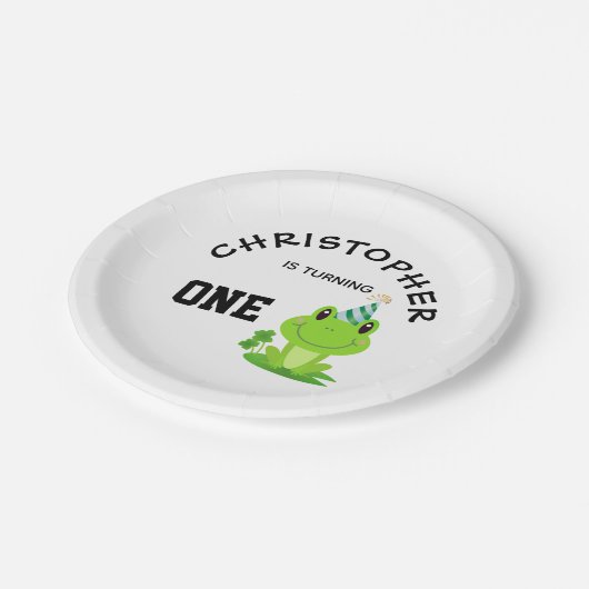 カエルパーティーファースト誕生日湿地グリーンフロギー ペーパープレート (アングル)