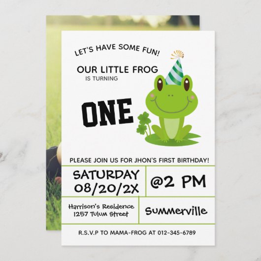 カエルパーティーファースト誕生日湿地グリーンフロギー 招待状 (正面/裏面)