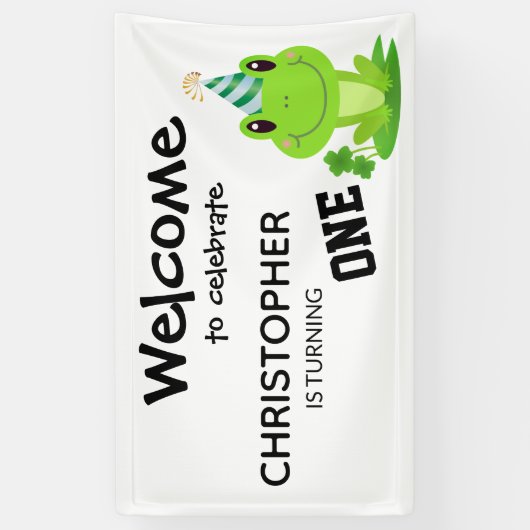カエルパーティーファースト誕生日湿地グリーンフロギー 横断幕 (縦)